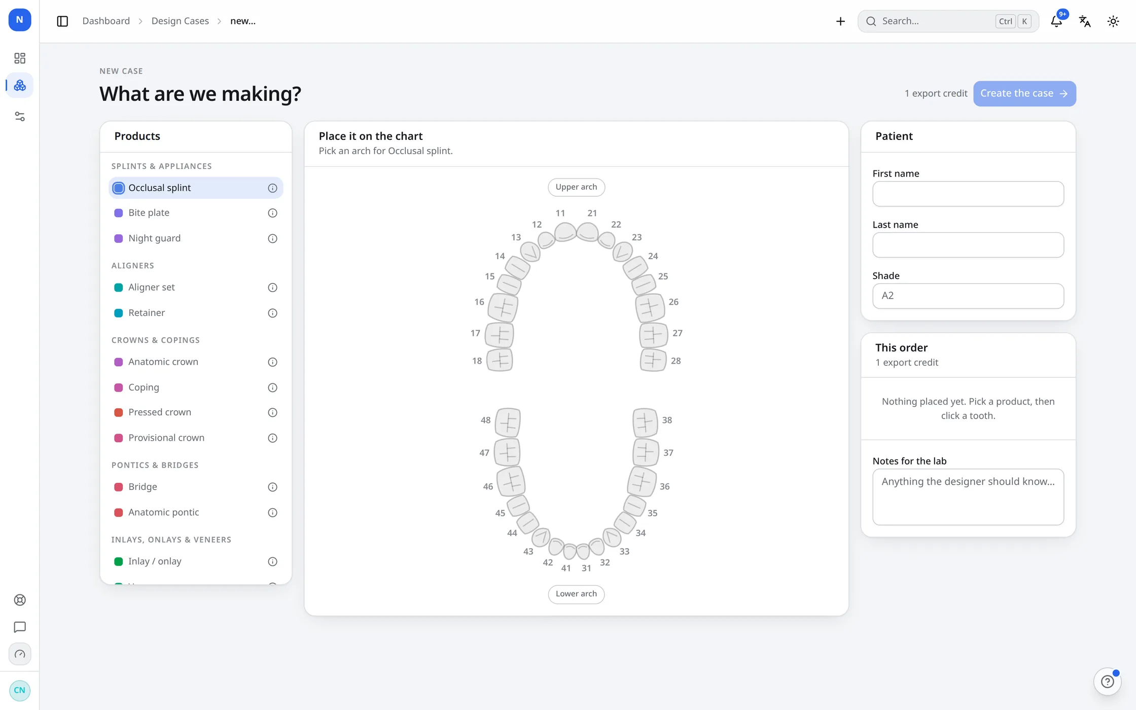 The new case form in NexorCAD with a tooth chart, a product list and a running total of export credits.
